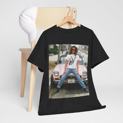 A black graphic t-shirt featuring a vintage photo of INXS band members with a classic car.