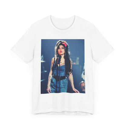A black graphic t-shirt featuring a graphic related to Amy Winehouse's 'Back to Black' album, emphasizing a soulful aesthetic.