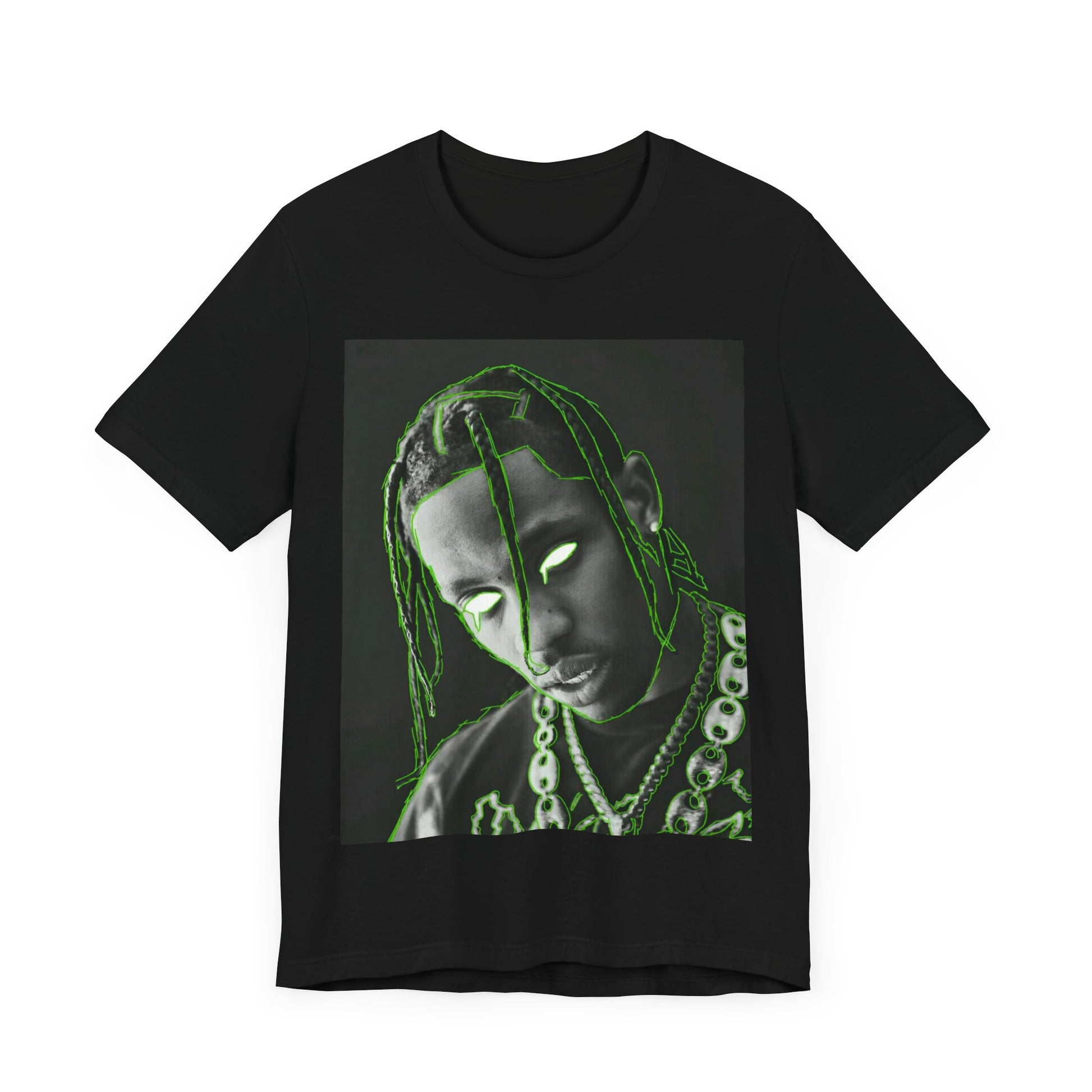 A black graphic t-shirt featuring a retro graphic related to Travis Scott's 'Sicko Mode' song or era.