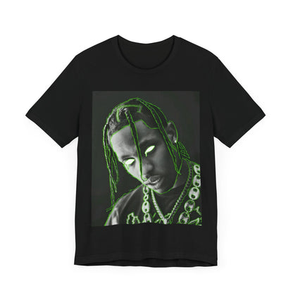 A black graphic t-shirt featuring a retro graphic related to Travis Scott's 'Sicko Mode' song or era.