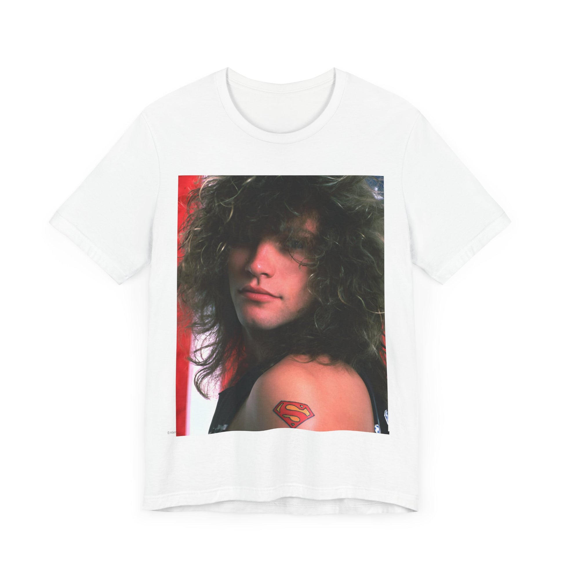 A black graphic t-shirt featuring a graphic of Bon Jovi, possibly with a Superman logo or a tattoo-inspired design.