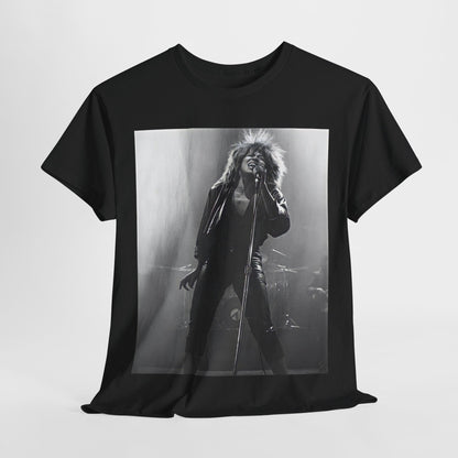 A black graphic t-shirt featuring a graphic of Tina Turner performing "Proud Mary" live.