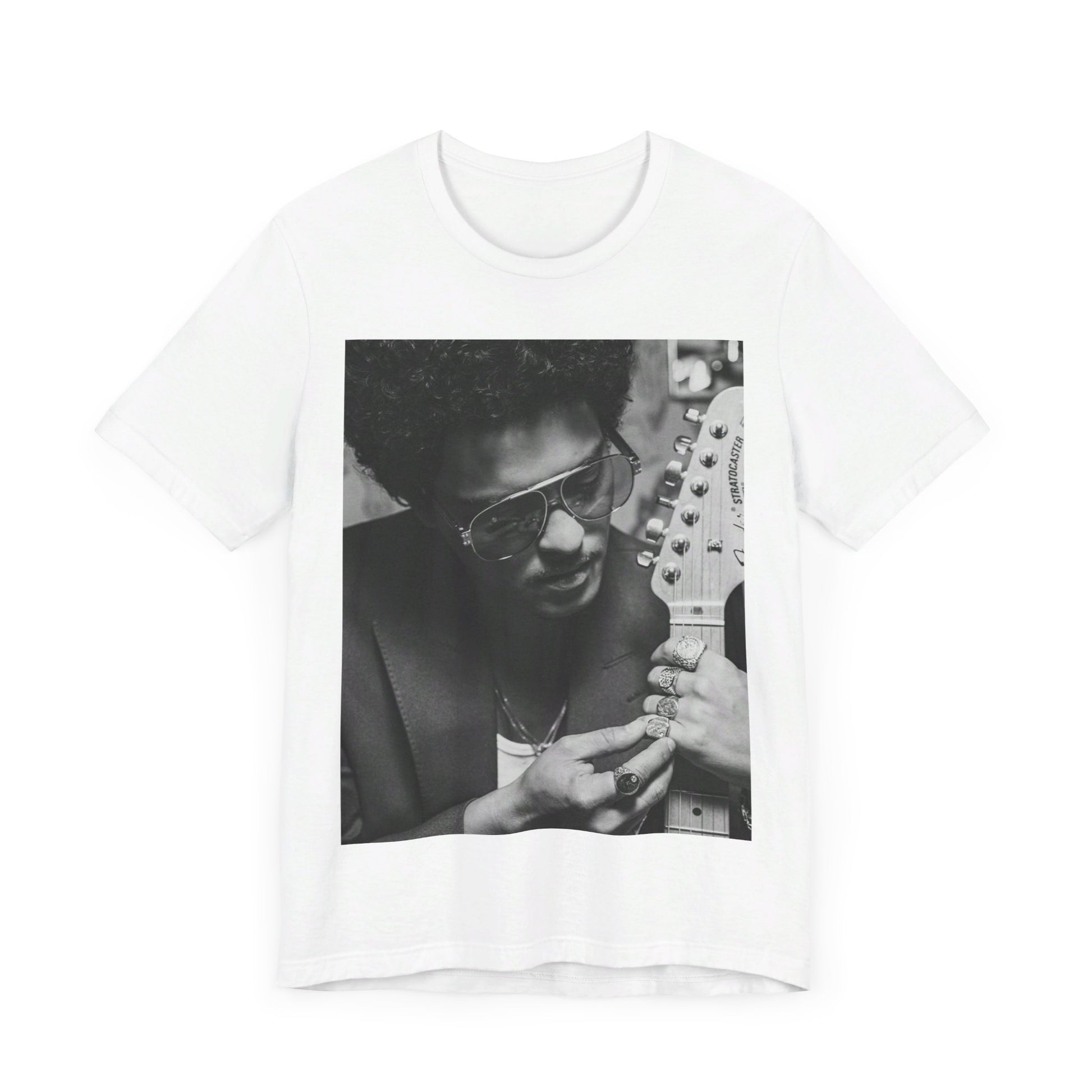A black graphic t-shirt featuring a graphic of Bruno Mars in a classic crooner style.