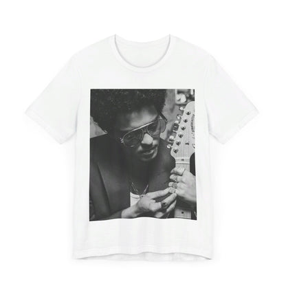 A black graphic t-shirt featuring a graphic of Bruno Mars in a classic crooner style.