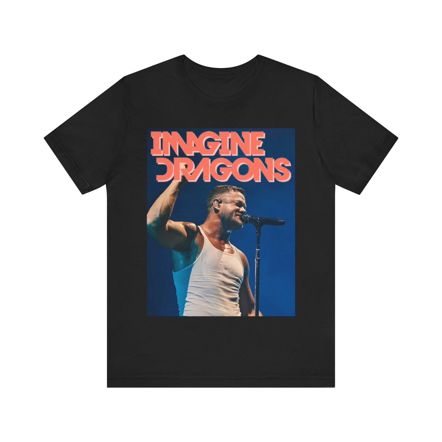 A black graphic t-shirt featuring a retro live concert photo of Imagine Dragons.