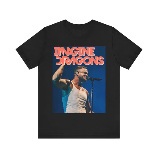 A black graphic t-shirt featuring a retro live concert photo of Imagine Dragons.