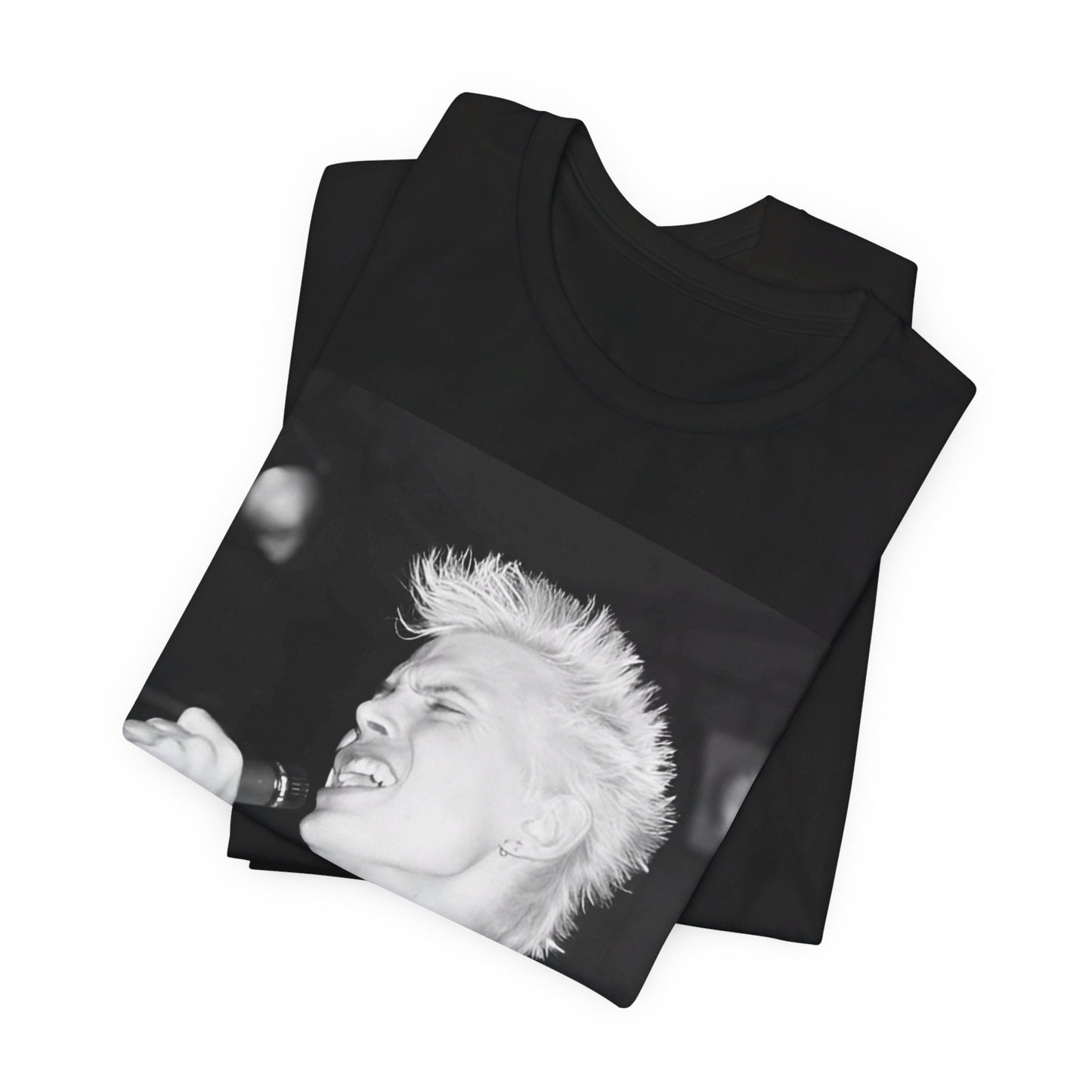 A black graphic t-shirt featuring a black and white photo of Billy Idol performing live on stage.