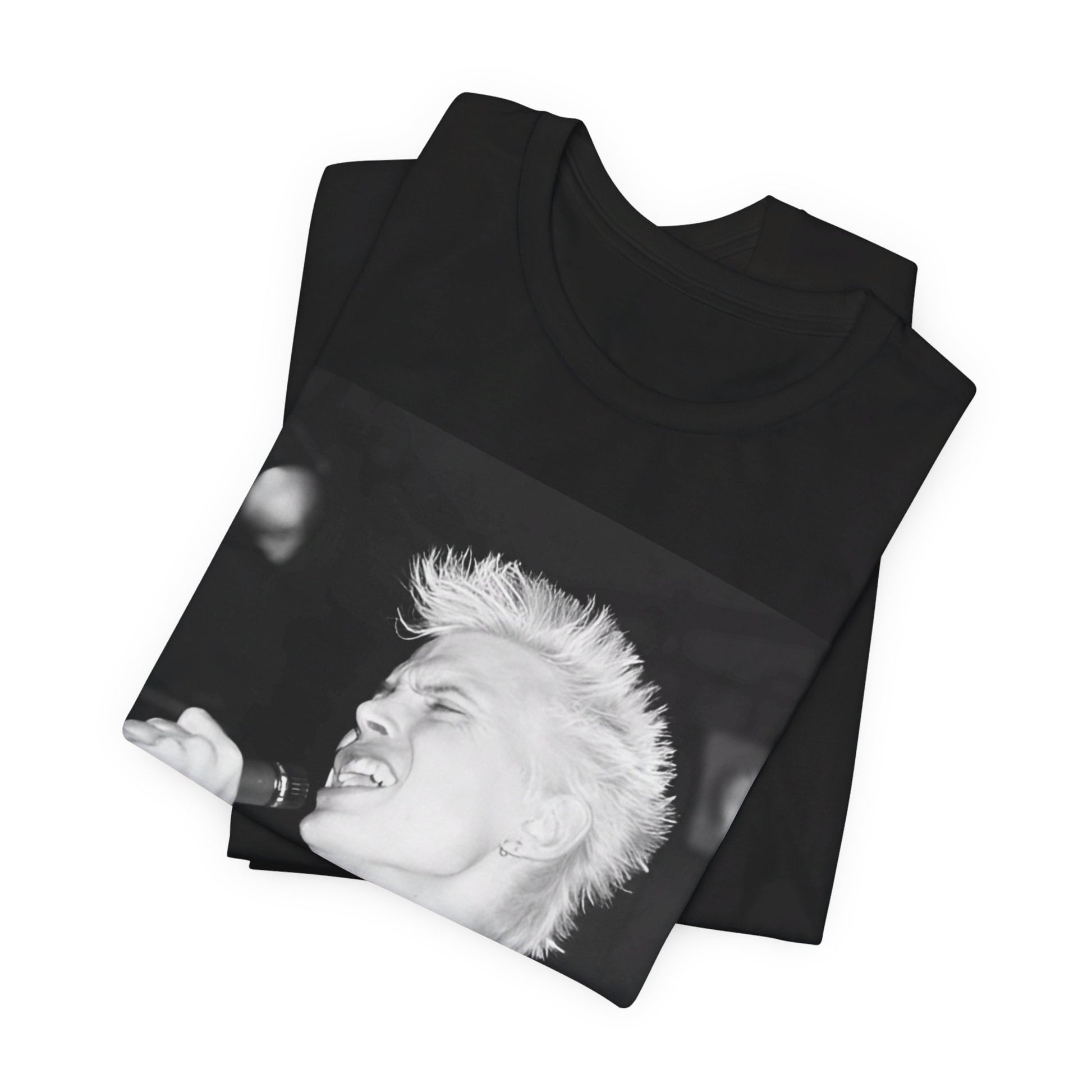 A black graphic t-shirt featuring a black and white photo of Billy Idol performing live on stage.