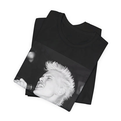 A black graphic t-shirt featuring a black and white photo of Billy Idol performing live on stage.
