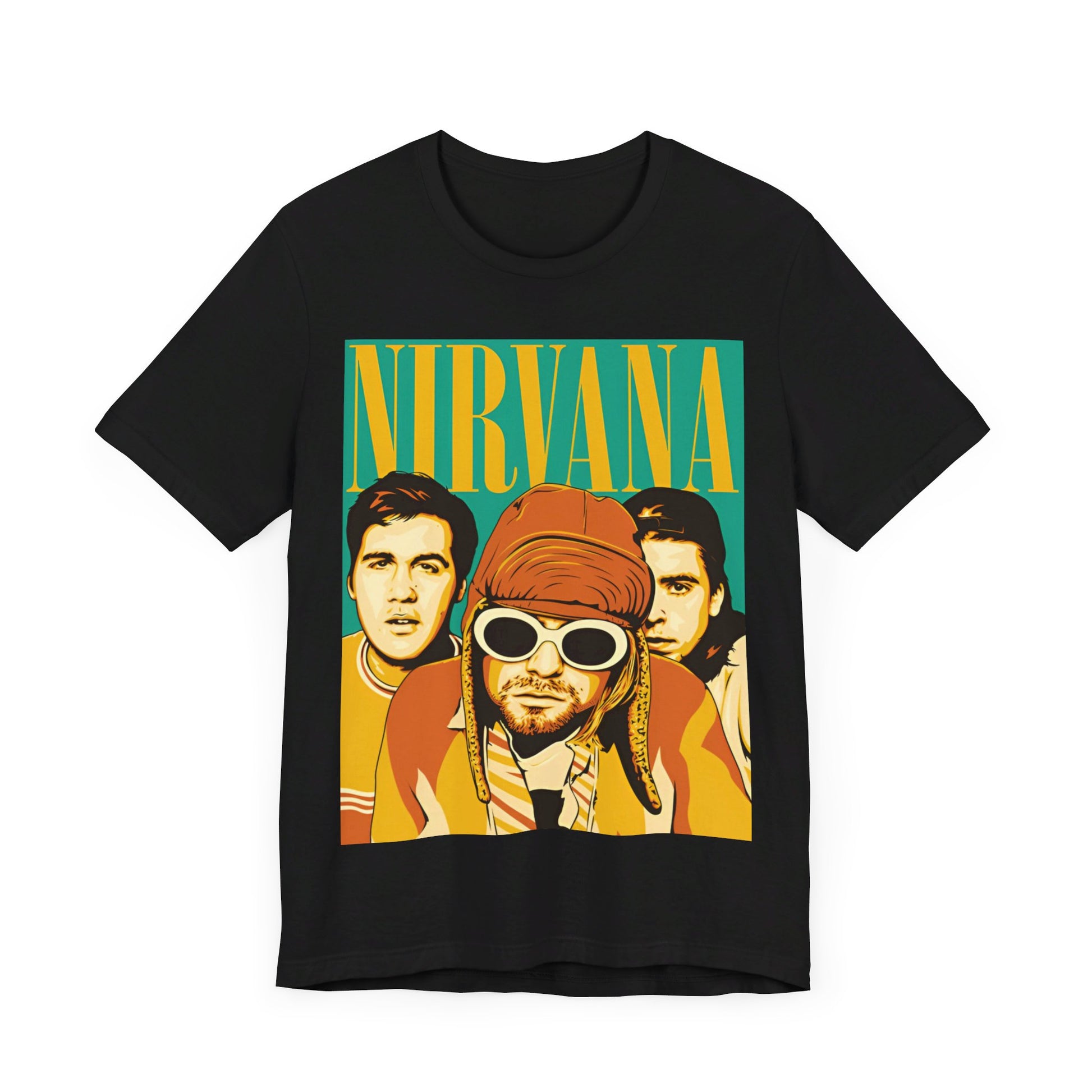 A black graphic t-shirt featuring an artistic or aesthetic pop art graphic of Nirvana.