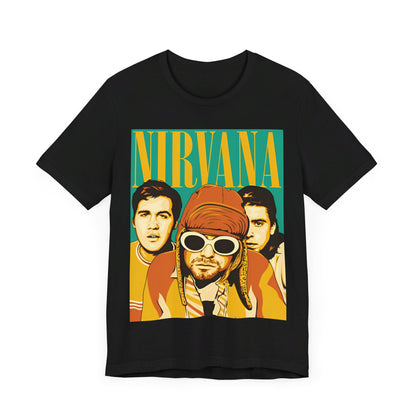 A black graphic t-shirt featuring an artistic or aesthetic pop art graphic of Nirvana.
