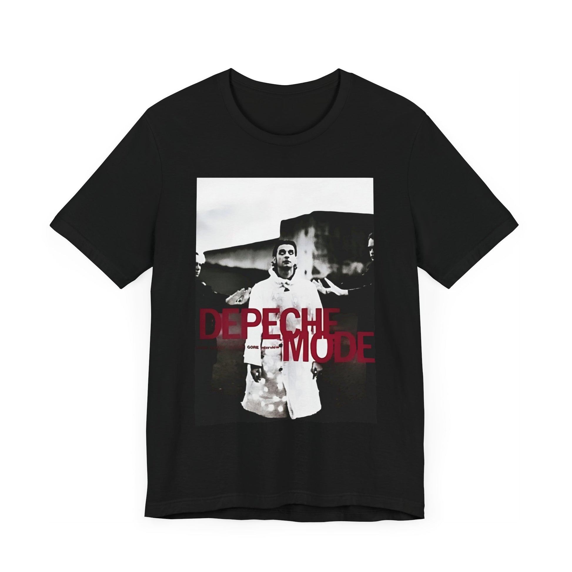 A black graphic t-shirt featuring a graphic related to Depeche Mode's 'Policy of Truth' song or era.