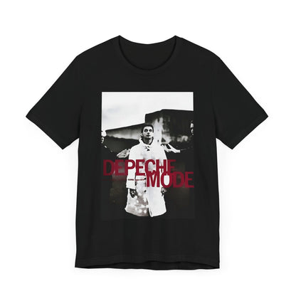 A black graphic t-shirt featuring a graphic related to Depeche Mode's 'Policy of Truth' song or era.
