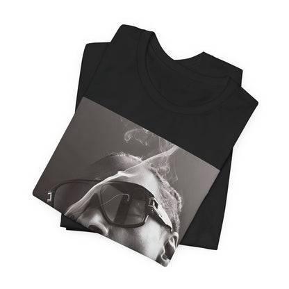 A black graphic t-shirt featuring an iconic black and white shaded portrait graphic of Snoop Dogg.