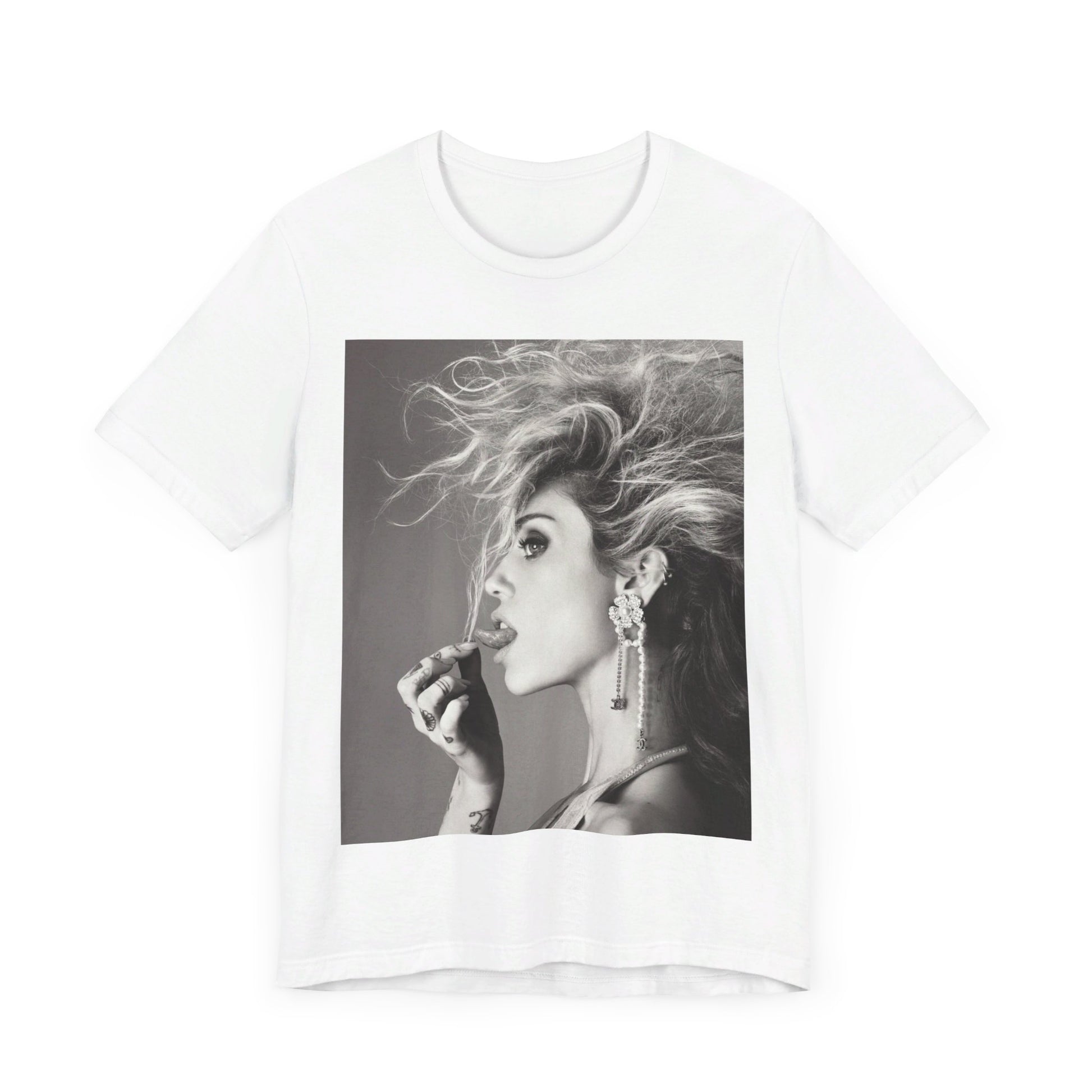A black graphic t-shirt featuring a graphic of Miley Cyrus as a grunge rockstar.