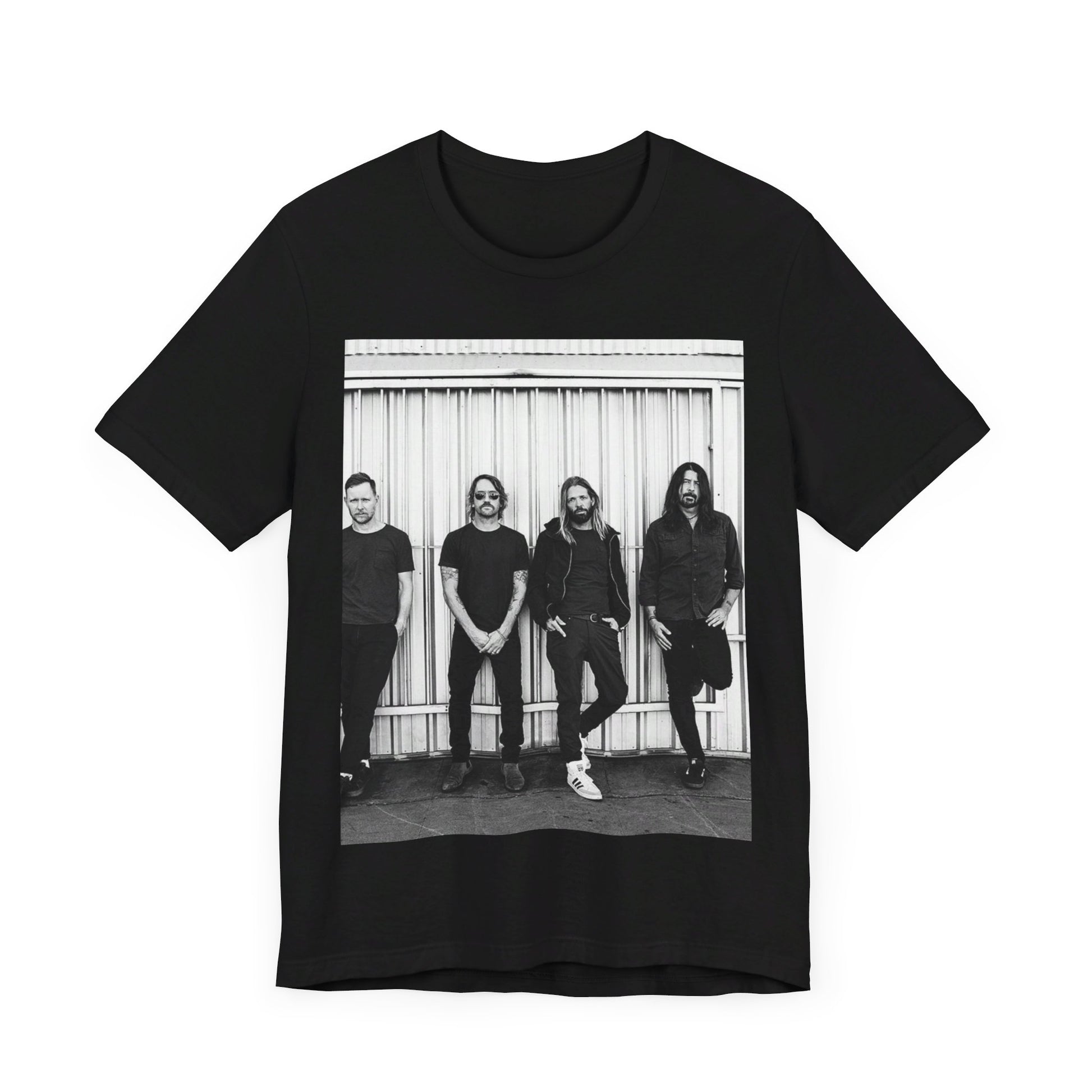 A black graphic t-shirt featuring a photo portrait of the band Foo Fighters.