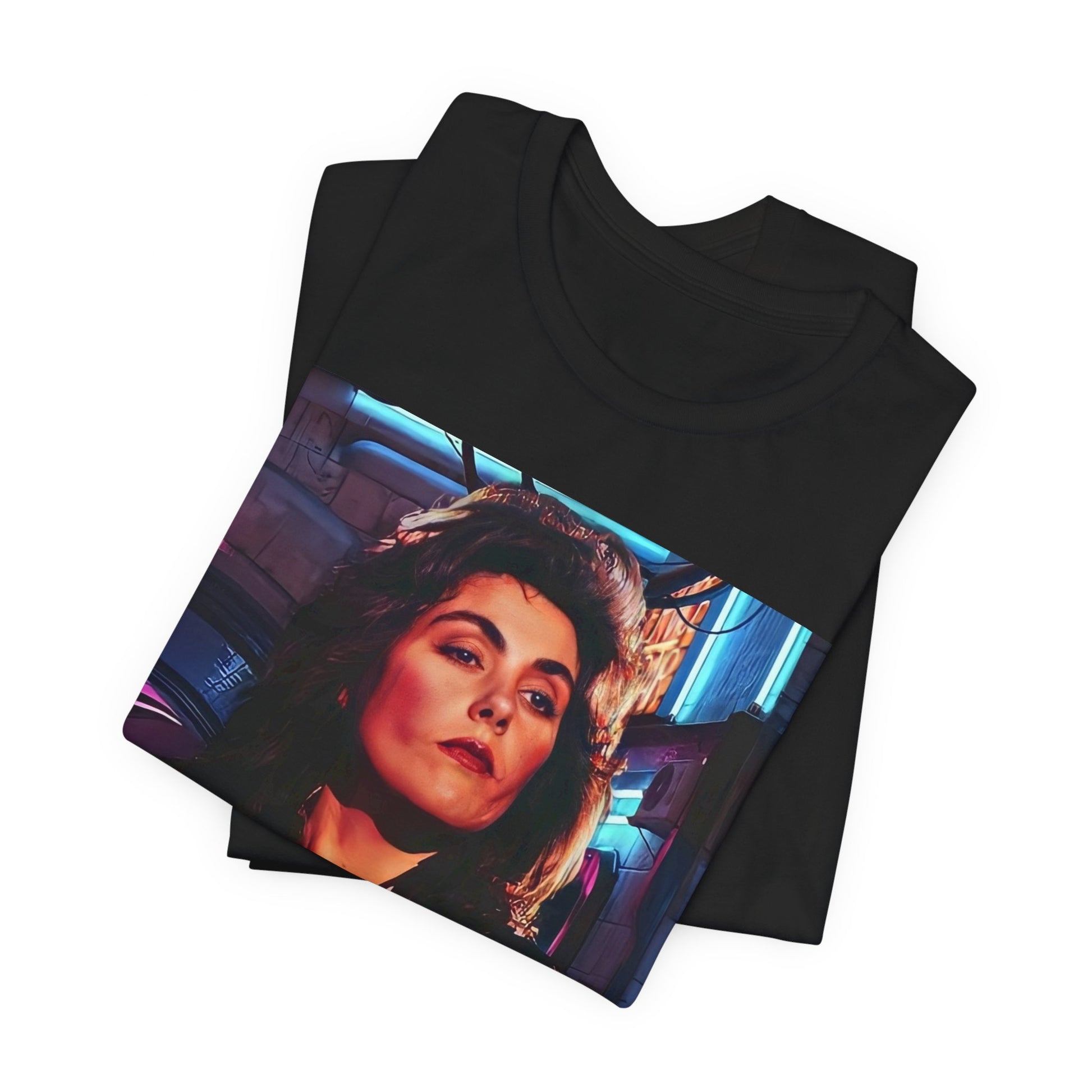 A black graphic t-shirt featuring an 80s synth pop aesthetic graphic of Laura Branigan.