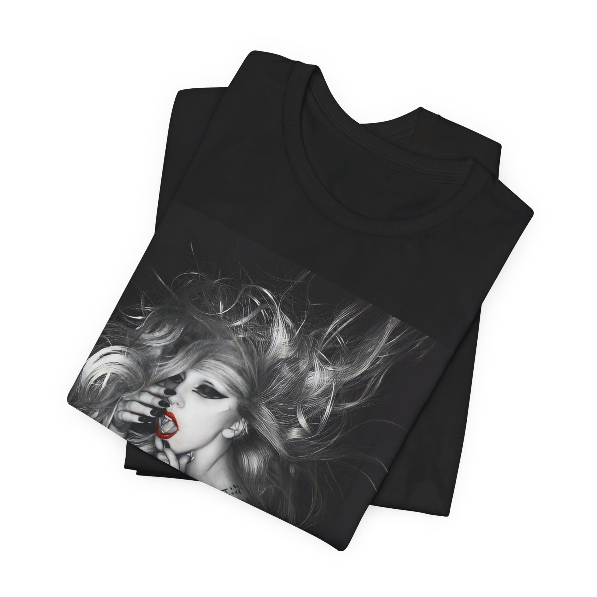 A black graphic t-shirt featuring an iconic graphic related to Lady Gaga's 'Bad Romance' era.