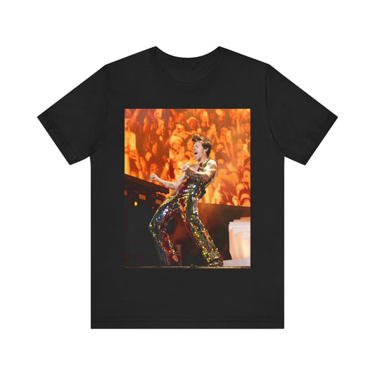 A black graphic t-shirt featuring a graphic related to Harry Styles' 'As It Was' song or era, possibly a live performance.