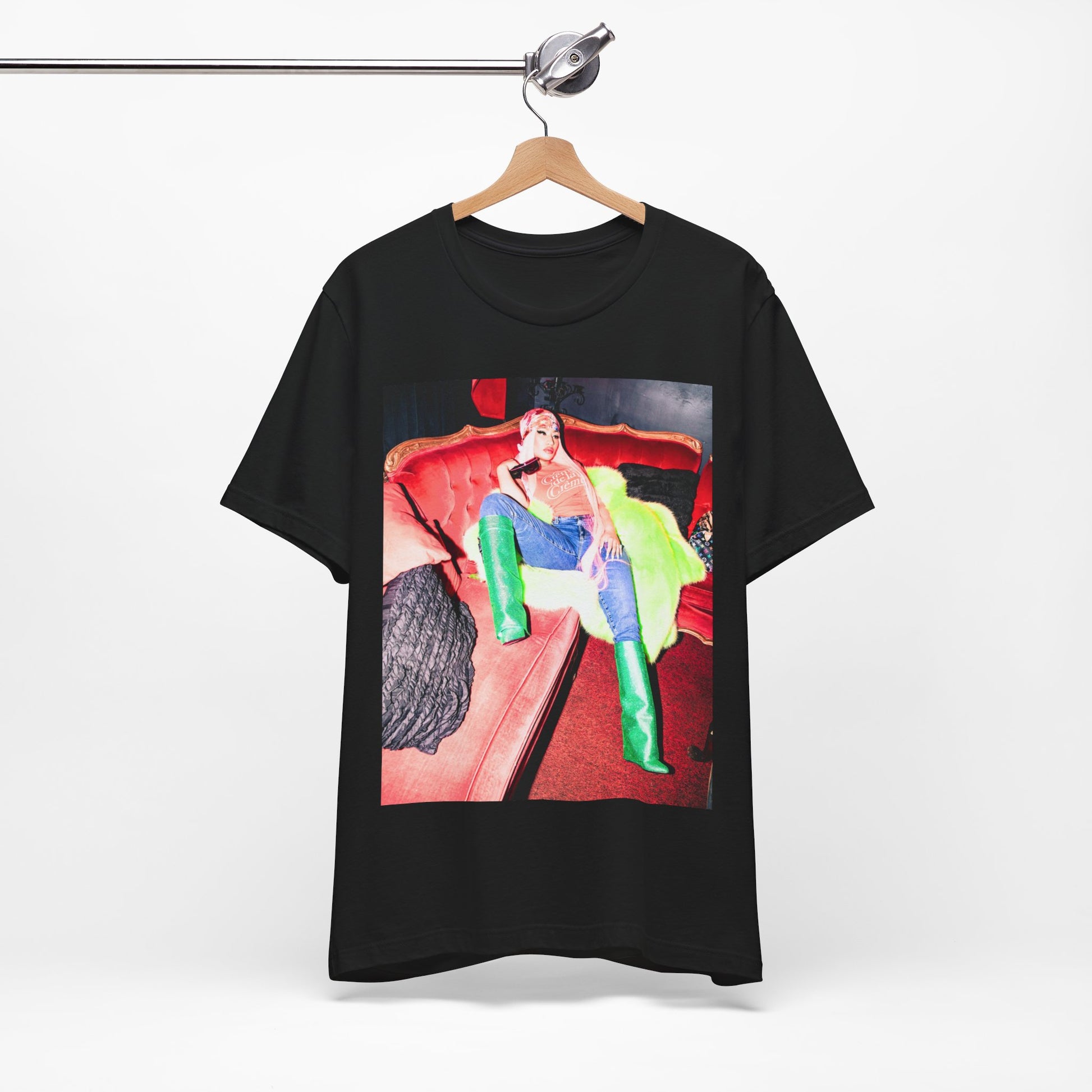 A black graphic t-shirt featuring a retro graphic related to Nicki Minaj's 'Pink Friday' album era.
