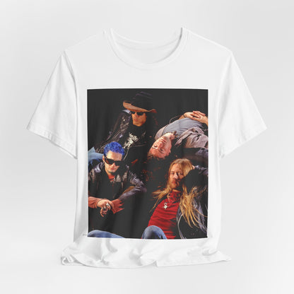 A black graphic t-shirt featuring a 90s grunge rock band graphic for Alice In Chains, possibly with band members or stylized elements.