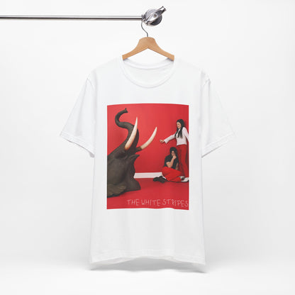 A black graphic t-shirt featuring a graphic related to The White Stripes' 'Elephant' album.