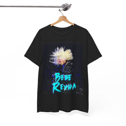 A black graphic t-shirt featuring a retro-style graphic of Bebe Rexha in a posed, aesthetic manner.