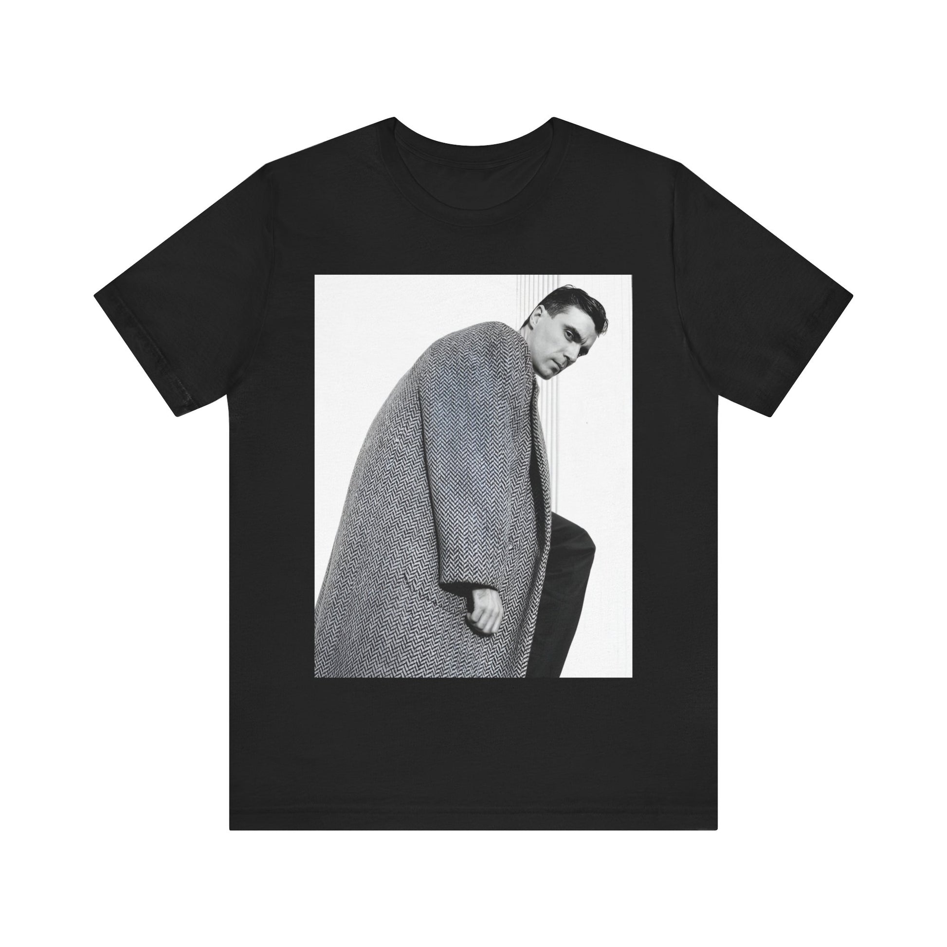 A black graphic t-shirt featuring a graphic of David Byrne from Talking Heads in his classic style.