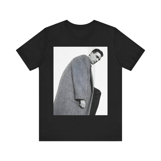 A black graphic t-shirt featuring a graphic of David Byrne from Talking Heads in his classic style.