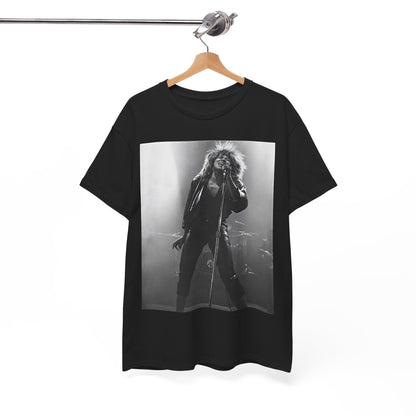 A black graphic t-shirt featuring a graphic of Tina Turner performing "Proud Mary" live.