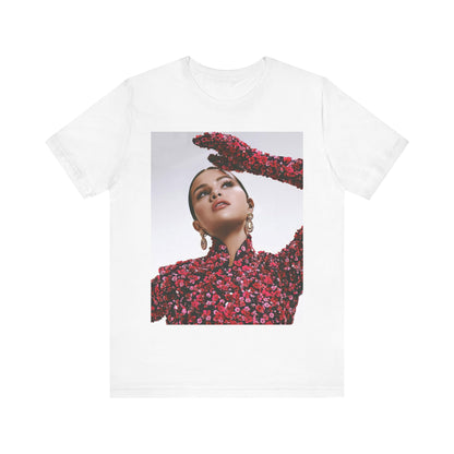 A black graphic t-shirt featuring a classic aesthetic graphic of Selena Gomez.