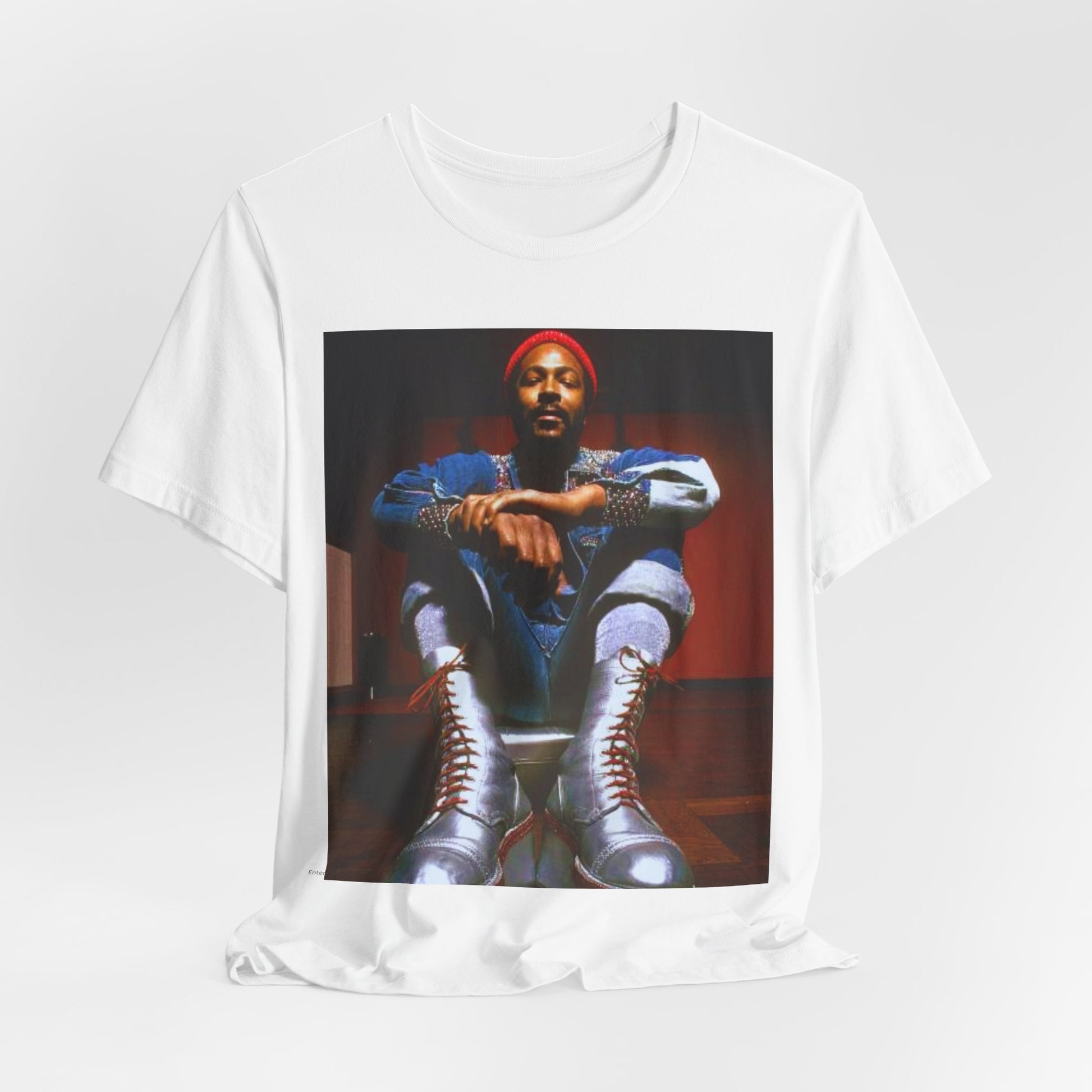 A black graphic t-shirt featuring a graphic of Marvin Gaye as the King of Motown soul legend.