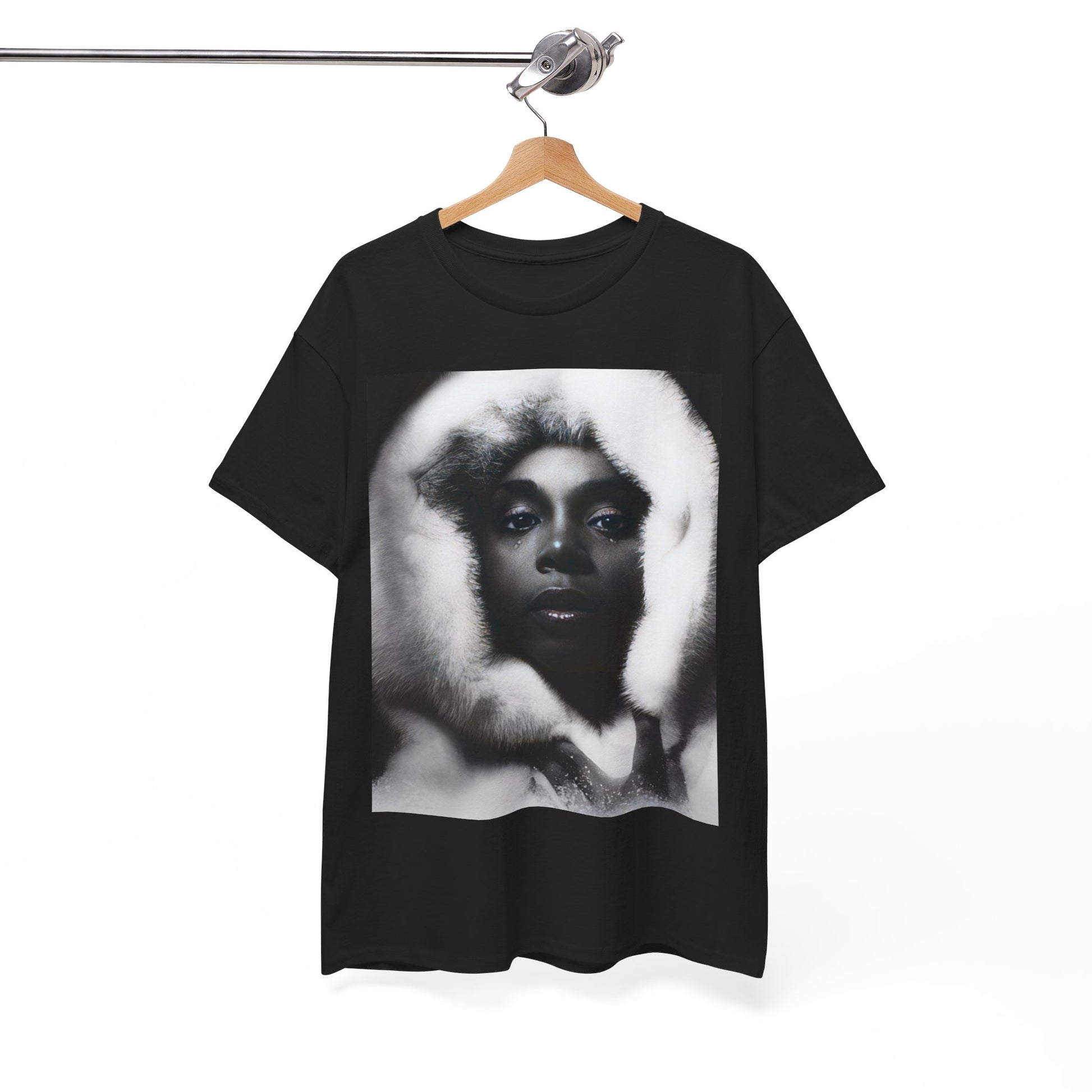 A black graphic t-shirt featuring a black and white, monochrome graphic or portrait of Donna Summer.