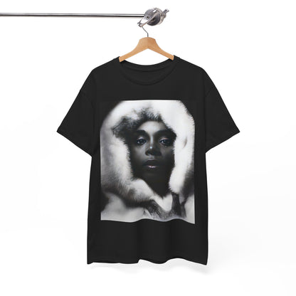 A black graphic t-shirt featuring a black and white, monochrome graphic or portrait of Donna Summer.