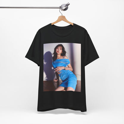 A black graphic t-shirt featuring a bold K-Pop superstar graphic of Lisa.