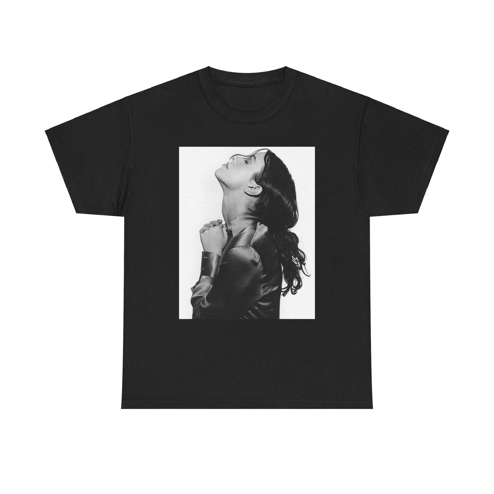 A black graphic t-shirt featuring a vintage black and white portrait of Alanis Morissette, showing her with a poised and thoughtful expression.
