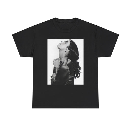 A black graphic t-shirt featuring a vintage black and white portrait of Alanis Morissette, showing her with a poised and thoughtful expression.