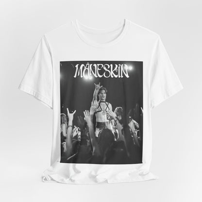 A black graphic t-shirt featuring a graphic or photo of Maneskin performing live.