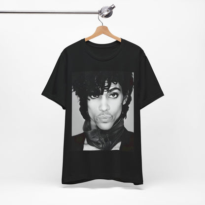 A black graphic t-shirt featuring a black and white photo portrait of Prince.