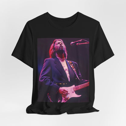A black graphic t-shirt featuring a vintage graphic of Eric Clapton as a blues rock icon.