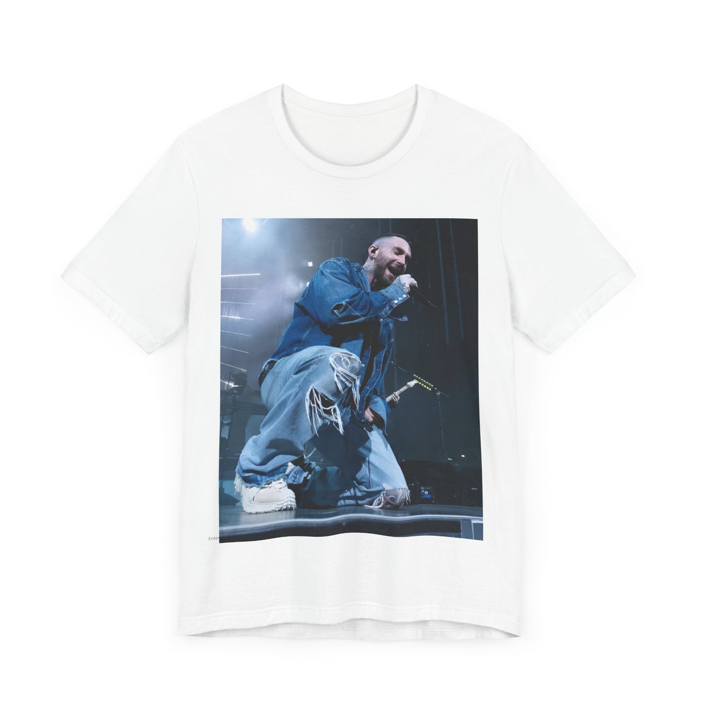 A modern, vibrant, and colorful group photo of the band Maroon 5, printed on a graphic t-shirt.
