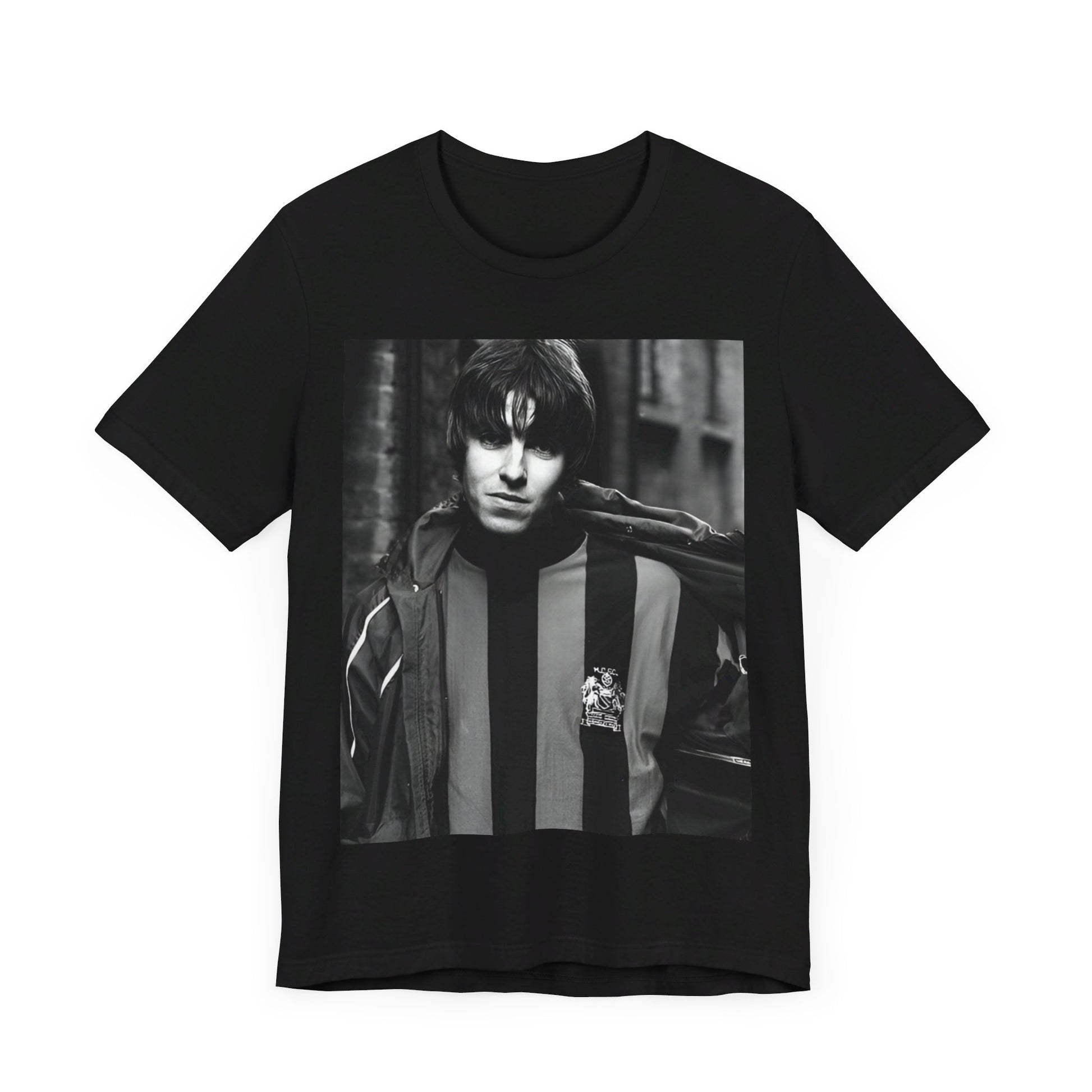 A black graphic t-shirt featuring a photo of Liam Gallagher from Oasis, showing his support for Manchester City.
