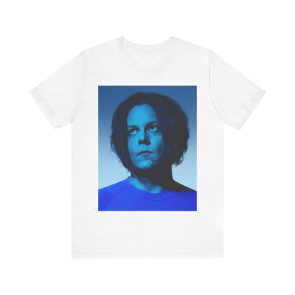 A black graphic t-shirt featuring a portrait photo of Jack White from The White Stripes.