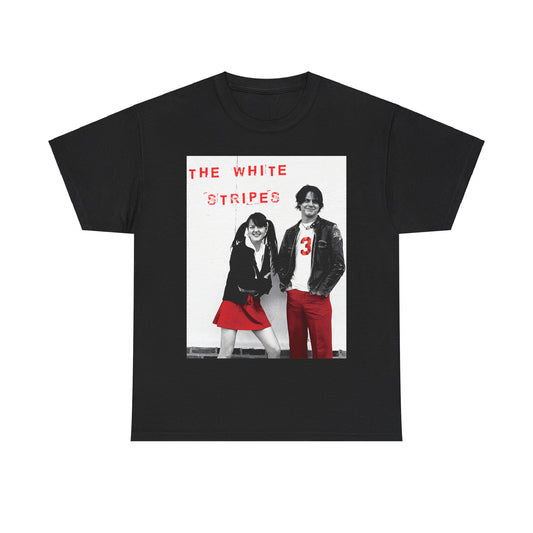 A black graphic t-shirt featuring a fearless attitude graphic of The White Stripes.