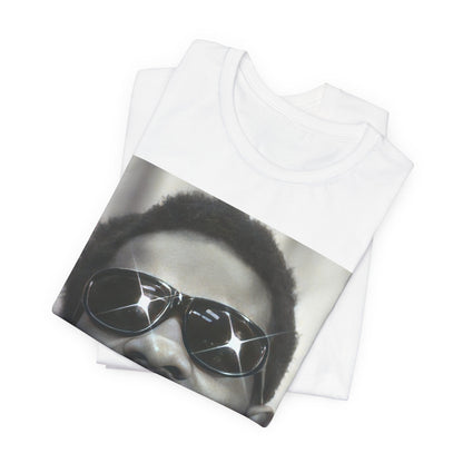 A black graphic t-shirt featuring a 70s funk aesthetic black and white graphic or photo of Stevie Wonder.