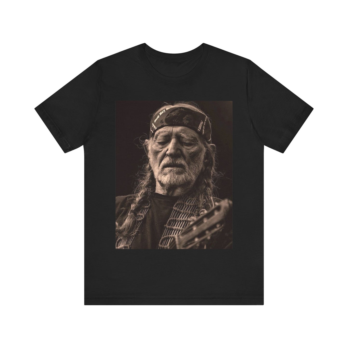A black graphic t-shirt featuring a graphic of Willie Nelson with his iconic braids style.