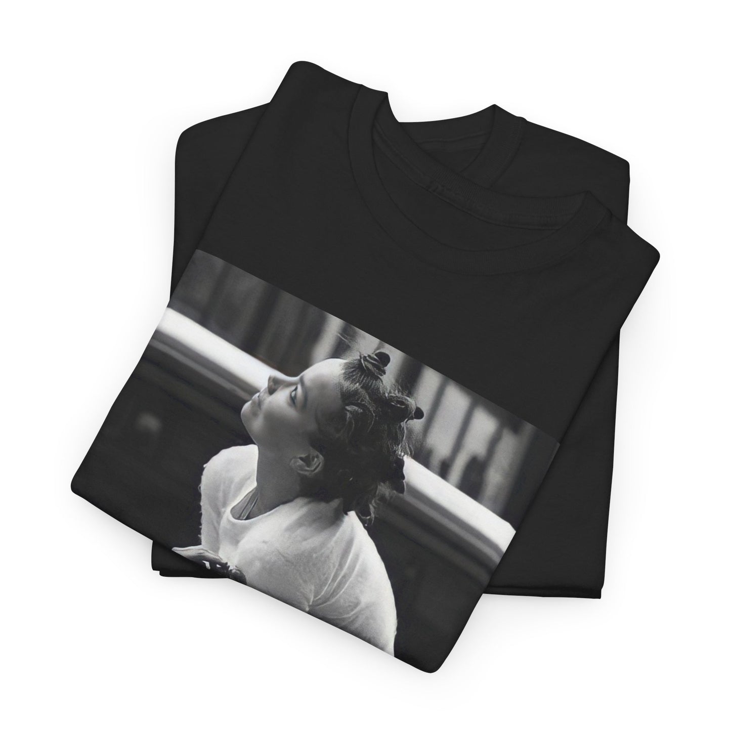 A black graphic t-shirt featuring a graphic of Bjork as an experimental pop icon.