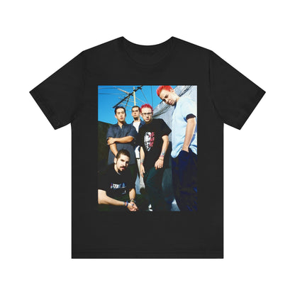 A black graphic t-shirt featuring a graphic of Linkin Park as a global nu rock phenomenon.