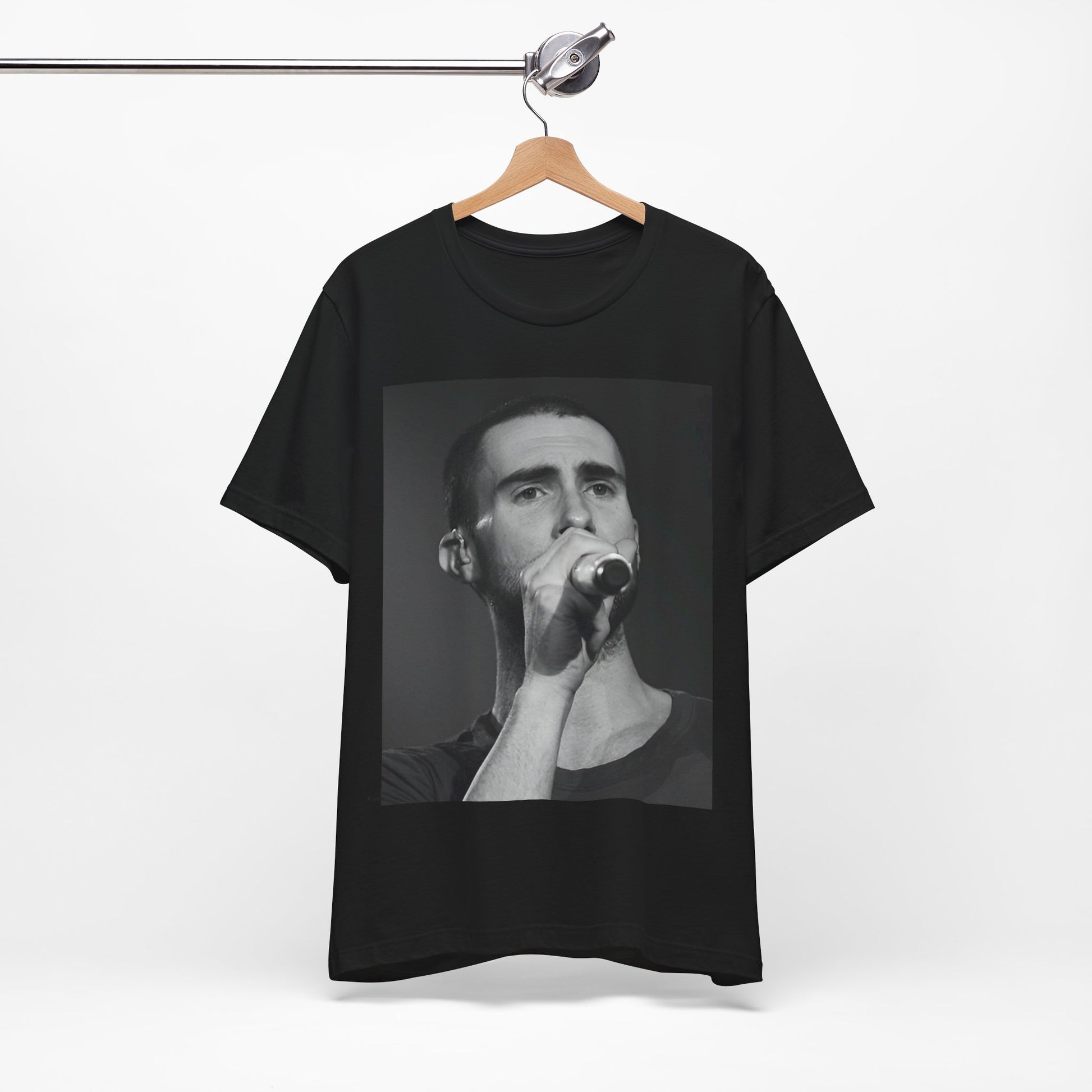 A rare, vintage black and white photo of a very young Maroon 5, from their early garage band days, printed on a t-shirt.