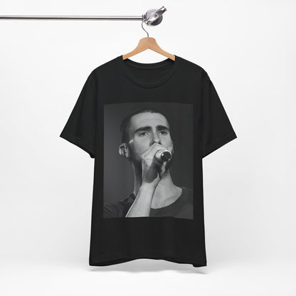 A rare, vintage black and white photo of a very young Maroon 5, from their early garage band days, printed on a t-shirt.